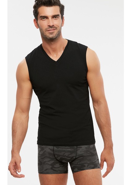 Erkek Penye Likra V-Yaka Kolsuz Francesco T-Shirt Atlet 2 Li Siyah S-2xl