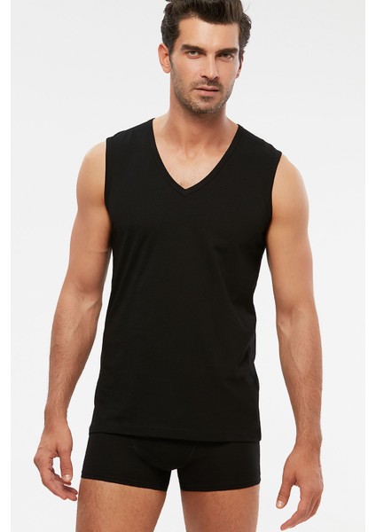 Erkek Penye Açık V-Yaka Kolsuz Barry T-Shirt Atlet 2 Li Siyah S-3xl