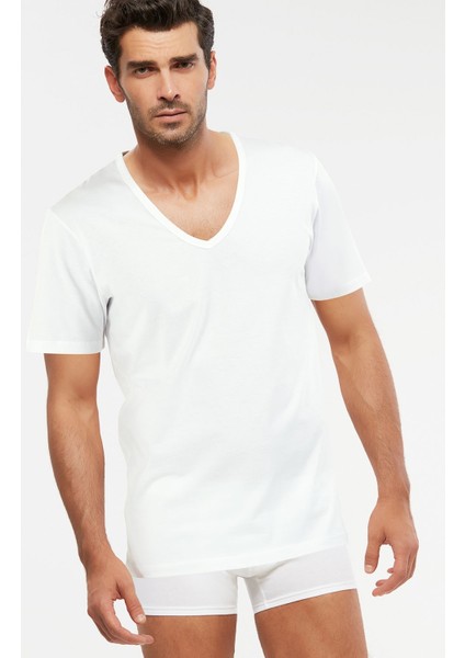 Erkek Penye Açık V-Yaka T-Shirt Enrico Atlet 2 Li Beyaz S-3xl