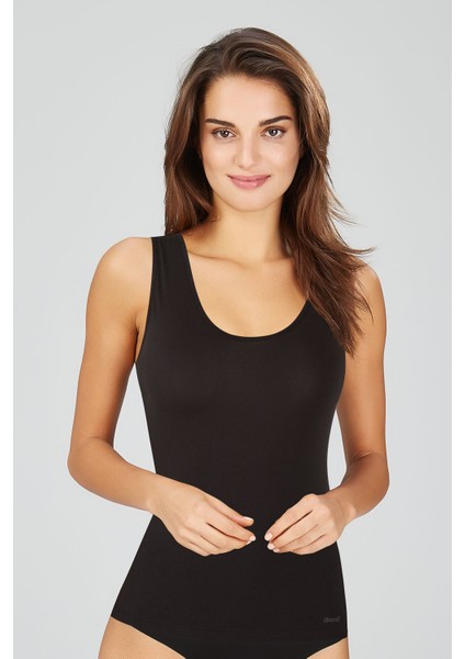 Kadın Penye Likra Kalın Askılı Basic Singlet Atlet 2 Li Siyah S-Xl