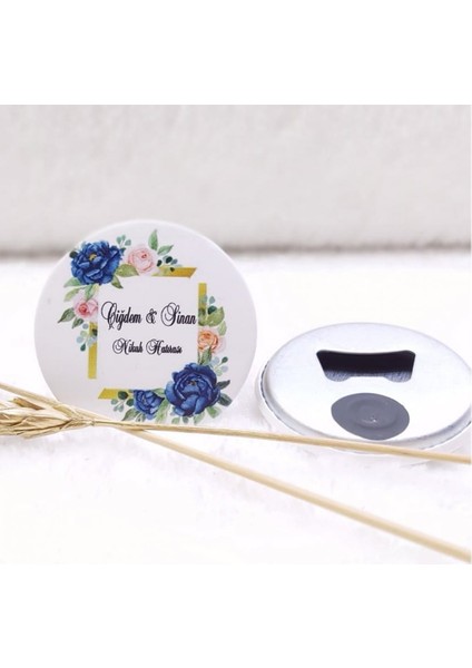 30 Adet Açacak Magnet Nikah Şekeri Mavi Çiçek Uv Baskılı