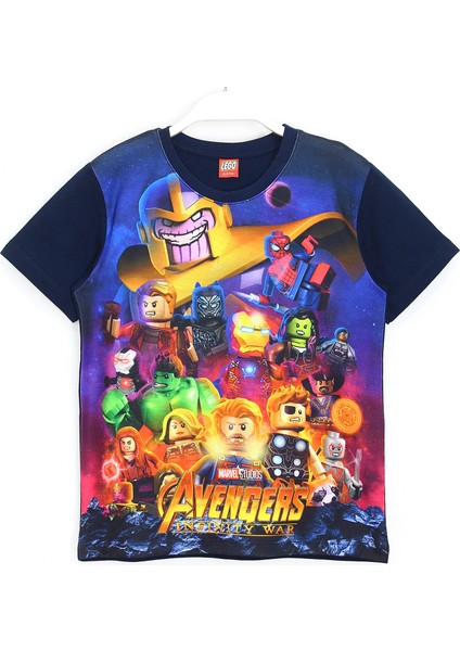 LEGO Avengers Infinity War Karakterleri 3D Baskılı Erkek Çocuk Kısa Kollu T-Shirt 5 - 13 Yaş Lacivert