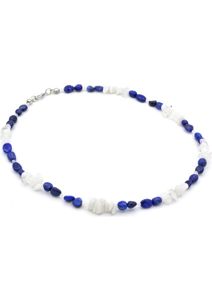 Gümüş Renk Tasarım Doğal Lapis Lazuli ve Ay Taşı Kolye