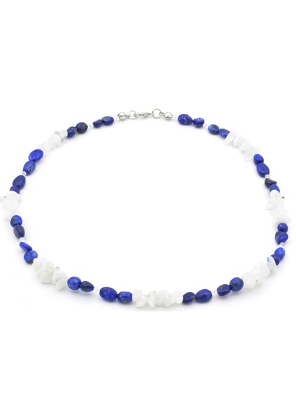 Gümüş Renk Tasarım Doğal Lapis Lazuli ve Ay Taşı Kolye fiyatları