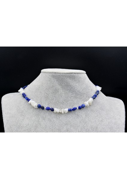 Gümüş Renk Tasarım Doğal Lapis Lazuli ve Ay Taşı Kolye fırsatları