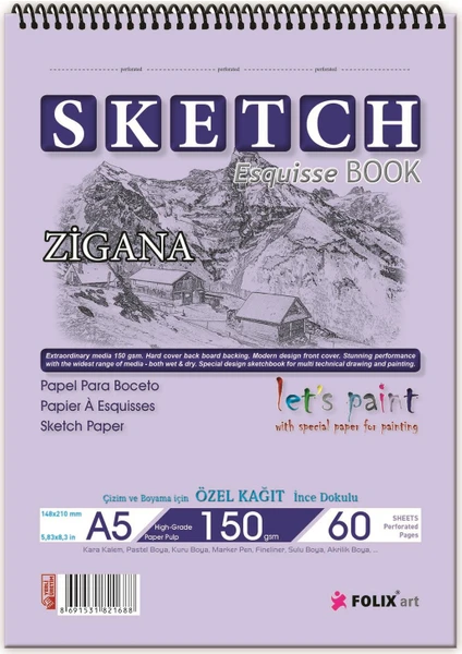 A5 Zigana Spiralli Sketchbook Eskiz Defteri 150 Gram 60 Yaprak