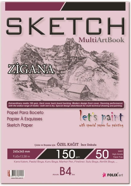 Sketchbook Zigana B4 Tutkallı 150 gr Beyaz 24,5 x 34,5 cm 50 Yaprak