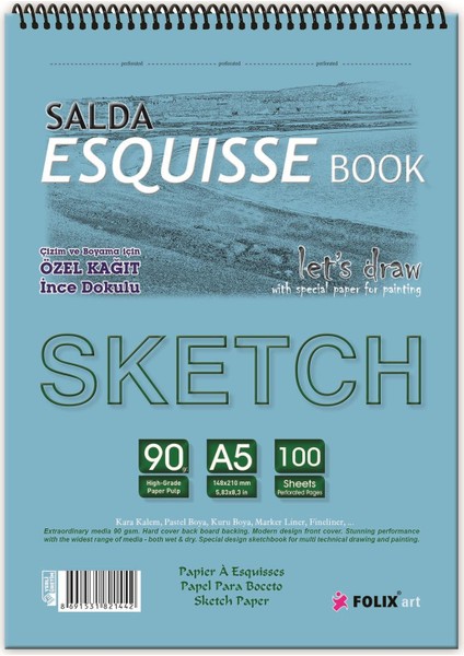 Sketchbook Salda A5 Spiralli 90 gr 100 Yaprak Eskiz Defteri