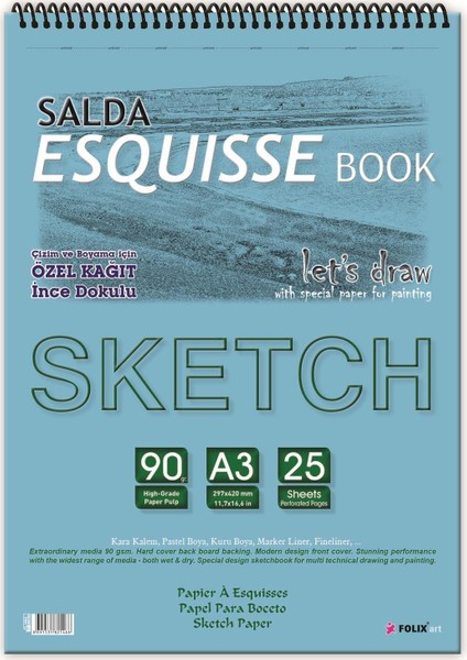 A3 Salda Sketchbook Spiralli Eskiz Defteri 90 Gram 25 Yaprak