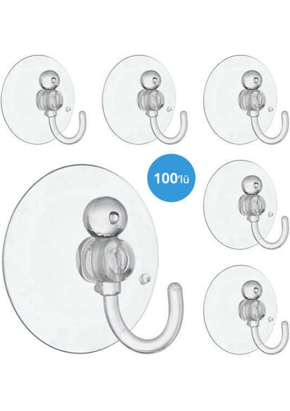 100 Adet Büyük Boy Askılı Vantuz - 4cm Şeffaf Plastik Kancalı Öpücük Vantuz