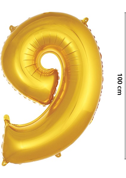 9 Yaş Rakam Folyo Balon, 100 cm - Altın