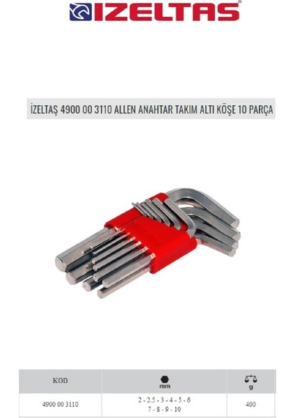 Izeltaş 4900 00 3110 Allen Anahtar Takımı 6 Köşe 10 Parça modelleri