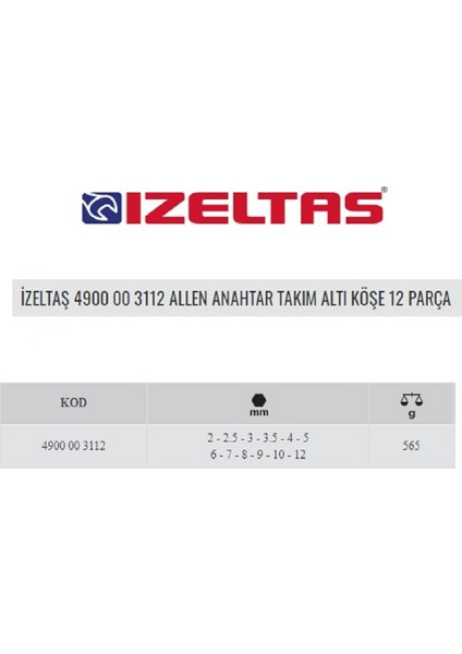 Izeltaş 4900 00 3112 Allen Anahtar Takımı Altı Köşe 12 Parça fiyatları