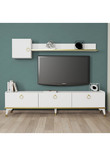 E4510 Vesta Tv Ünitesi Beyaz Gold Detaylı