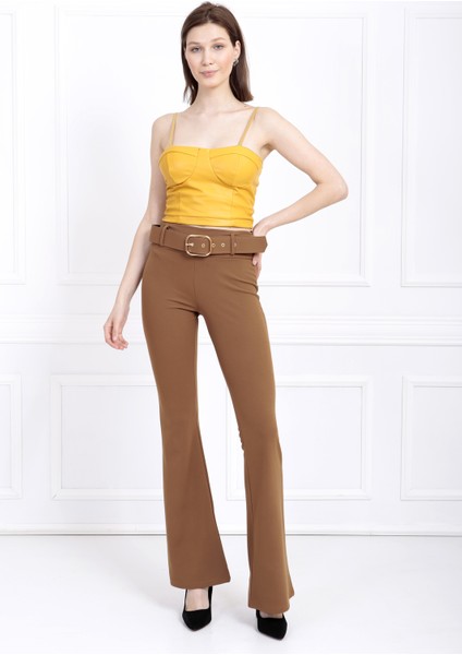Ispanyol Paça Kemerli Örme Kumaş Pantolon PNT32439