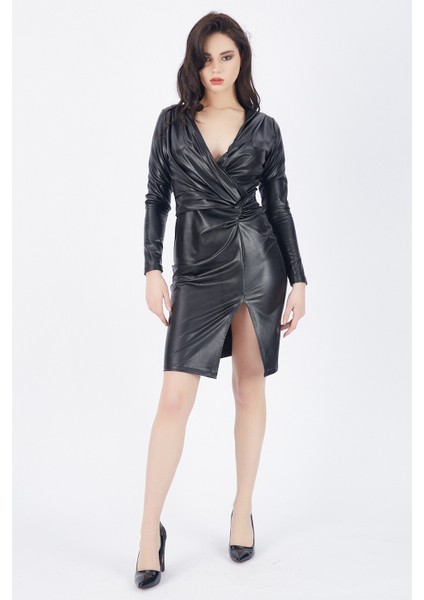 Fermuarlı Pileli Deri Elbise | ELB33097 Siyah