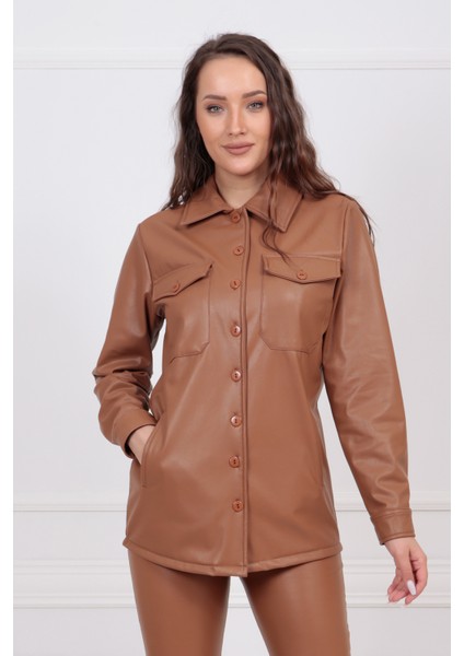 Önü Cepli Düğmeli U Kol Deri Gömlek GML33163 Taba modelleri