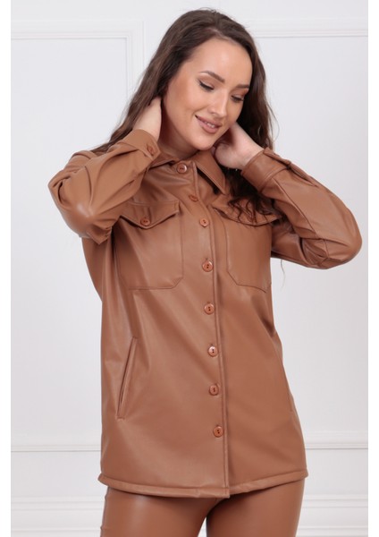 Önü Cepli Düğmeli U Kol Deri Gömlek GML33163 Taba fiyatları