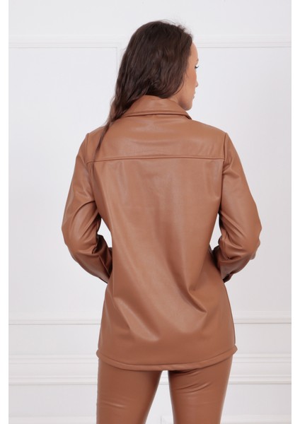 Önü Cepli Düğmeli U Kol Deri Gömlek GML33163 Taba fırsatları