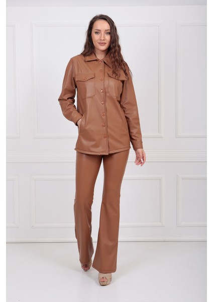 Önü Cepli Düğmeli U Kol Deri Gömlek GML33163 Taba indirimleri