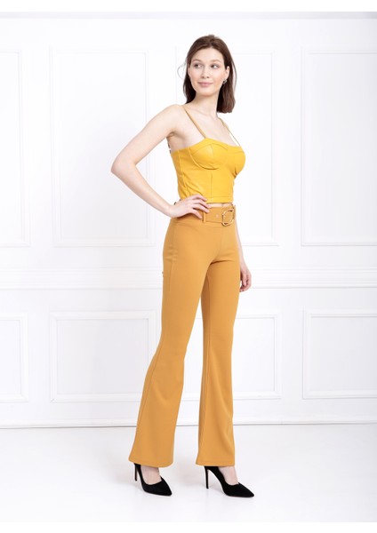 Ispanyol Paça Kemerli Örme Kumaş Pantolon PNT32439 Hardal fiyatları