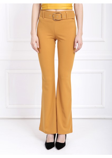 Ispanyol Paça Kemerli Örme Kumaş Pantolon PNT32439 Hardal fırsatları