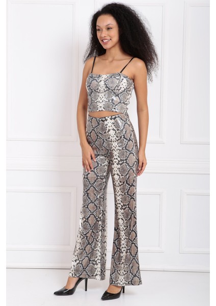 Geniş Paçalı Leopar ve Yılan Desen Payet Pantolon | PNT32440 Bej Siyah Yılan Des.