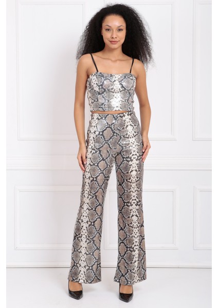 Geniş Paçalı Leopar ve Yılan Desen Payet Pantolon | PNT32440 Bej Siyah Yılan Des. fiyatları