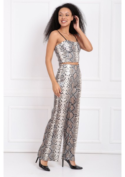 Geniş Paçalı Leopar ve Yılan Desen Payet Pantolon | PNT32440 Bej Siyah Yılan Des. modelleri