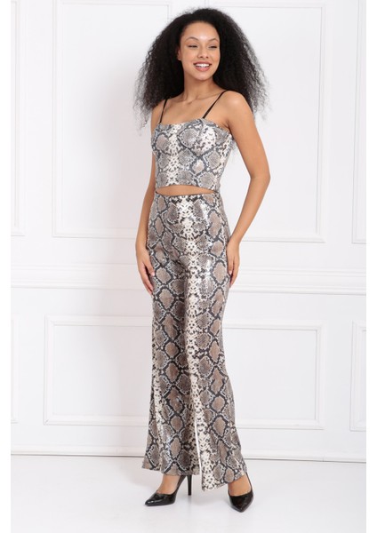 Geniş Paçalı Leopar ve Yılan Desen Payet Pantolon | PNT32440 Bej Siyah Yılan Des. fırsatları