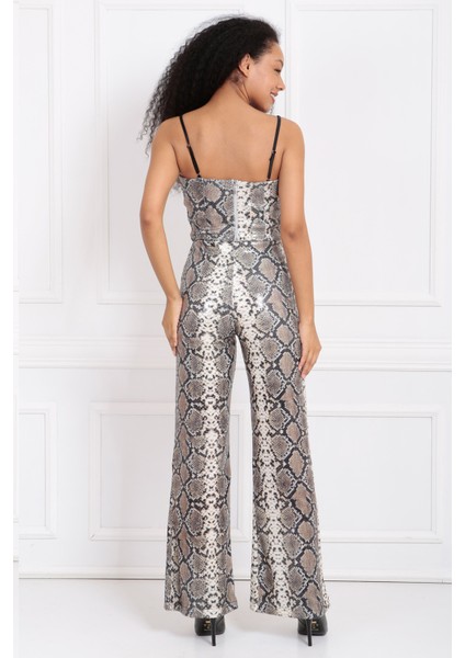 Geniş Paçalı Leopar ve Yılan Desen Payet Pantolon | PNT32440 Bej Siyah Yılan Des. indirimleri