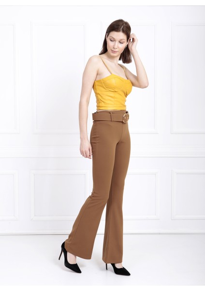 Ispanyol Paça Kemerli Örme Kumaş Pantolon PNT32439 Vızon modelleri