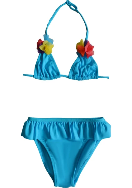 Kız Çocuk Fırfırlı Mavi Üçgen Bikini Takımı