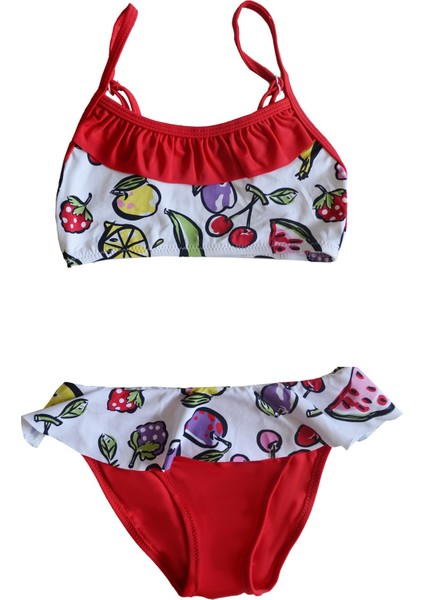 Kız Çocuk Desenli Kırmızı Büstiyer Bikini Takımı