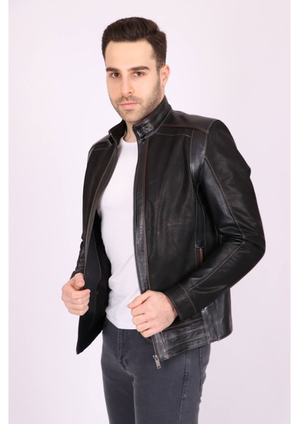 Erkek Siyah Hakiki Deri Hakim Yaka Biyeli Spor Mont modelleri