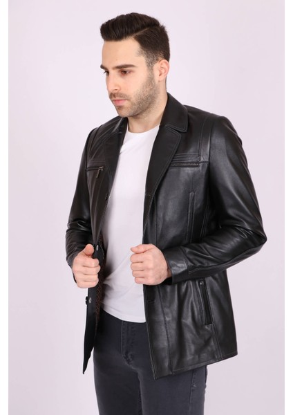 Erkek Siyah Hakiki Deri Yakalı Düğmeli Klasik Casual Mont fiyatları