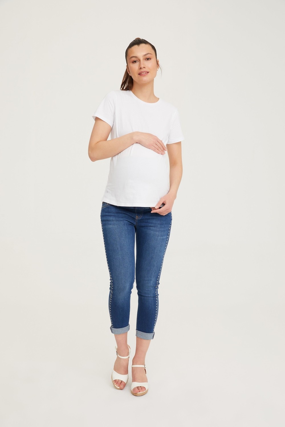 Vavien Hamile Skinny Denim Kuşgözü Taş Yapıştırma Pantolon Mavi 1089