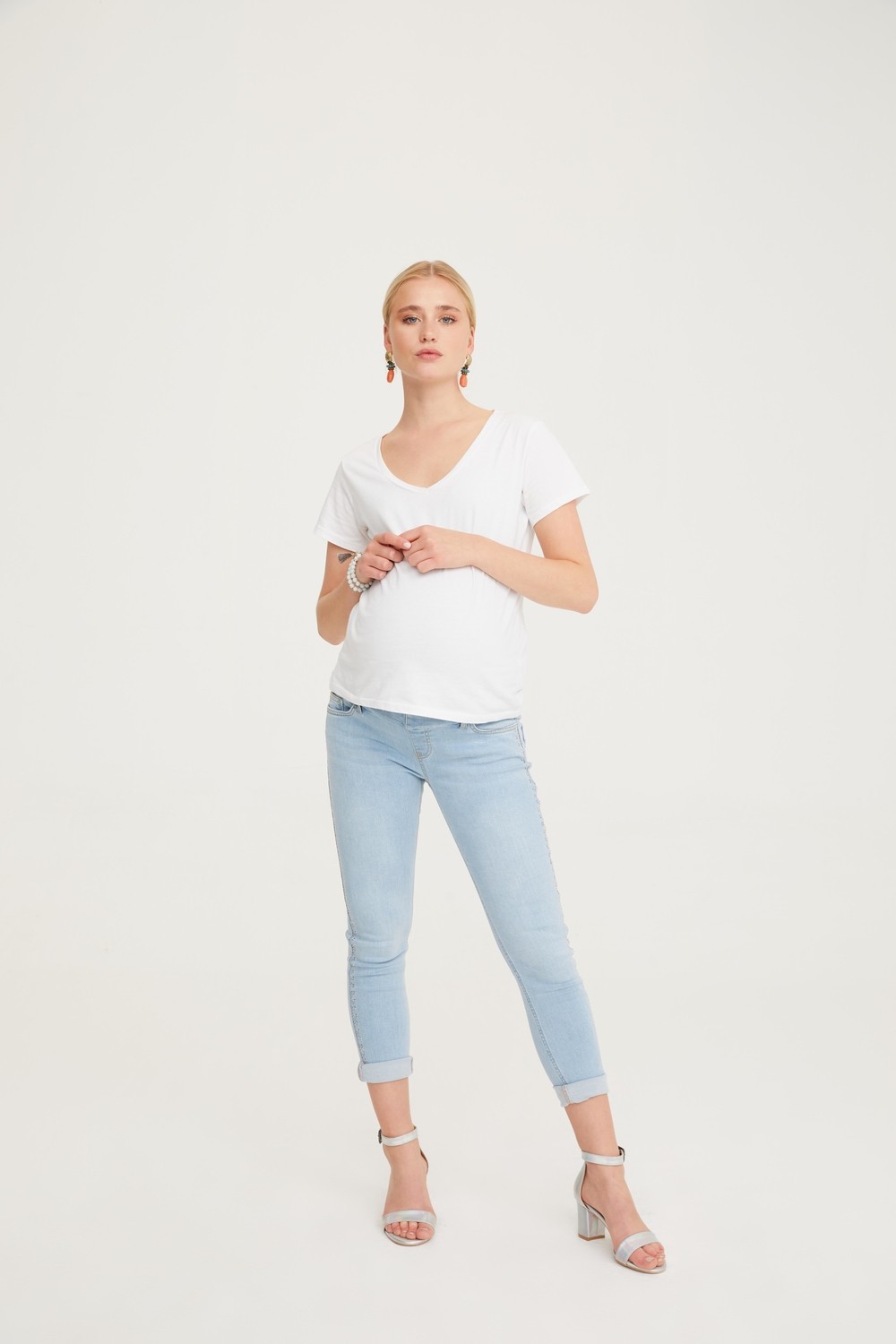 Vavien Hamile Skinny Denim Kuşgözü Taş Yapıştırma Pantolon Açık Mavi 1088