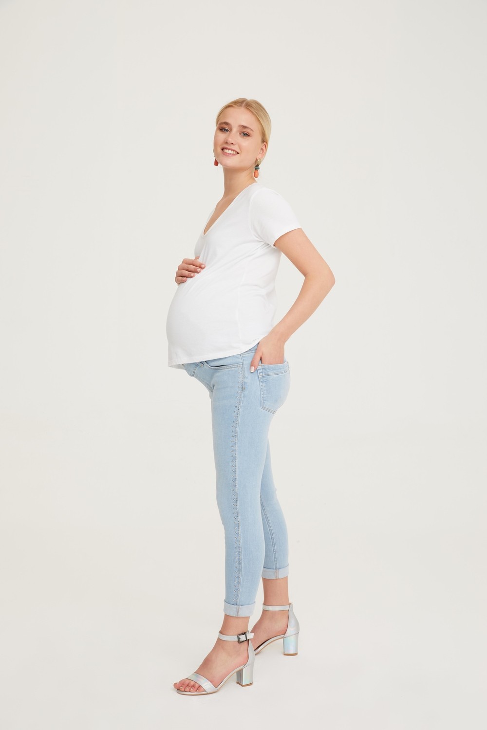 Vavien Hamile Skinny Denim Kuşgözü Taş Yapıştırma Pantolon Açık Mavi 1088 görsel 2