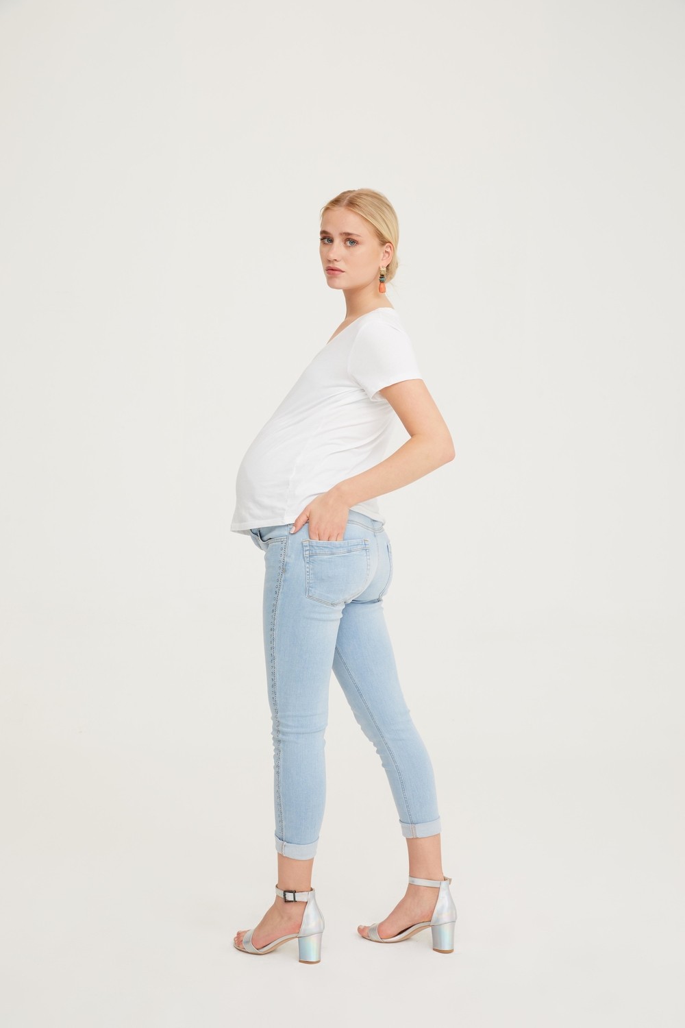 Vavien Hamile Skinny Denim Kuşgözü Taş Yapıştırma Pantolon Açık Mavi 1088 görsel 4