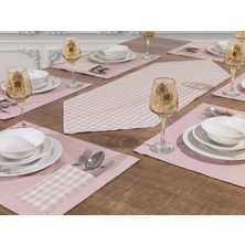 Tropik Home 12 Kişilik Moena Pudra Ekose Desen Amerikan Servis & Supla ve Runner Seti