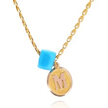 Prenses Pırlanta Kadın 14 Ayar Altın Pullu Zincir Firuze Taşlı Harfli Kolye
