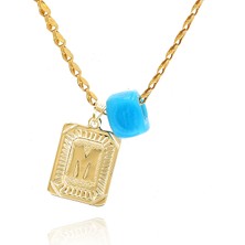 Prenses Pırlanta Kadın 14 Ayar Altın Pullu Zincir Firuze Taşlı Harfli Kolye