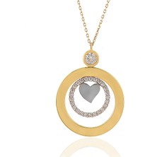 Prenses Pırlanta Kadın 14 Ayar Altın Sarı Beyaz Taşlı Kalpli Yuvarlak Kolye