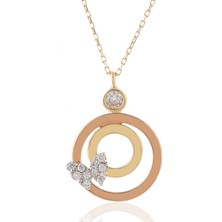 Prenses Pırlanta Kadın 14 Ayar Altın Sarı Beyaz Rose 3 Renk Kelebek Kolye