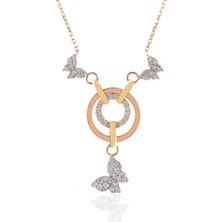 Prenses Pırlanta Kadın 14 Ayar Altın Sarı Beyaz Rose 3 Renk Kelebek Kolye