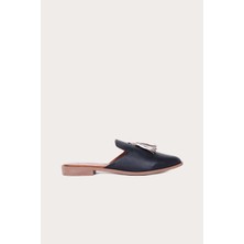 Bueno Shoes Siyah Vizon Deri Kadın Düz Terlik