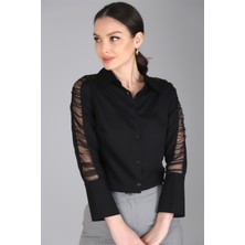 Sweetness Kadın Siyah Kolları Tül Detaylı Likralı Gömlek