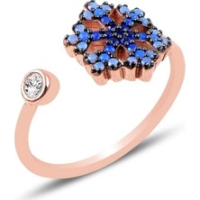 Gümüş Takı Dünyası Rose Kaplama Nano Mavi Tonlama Taşlı Ayarlanabilir Kar Tanesi Gümüş Kadın Yüzük