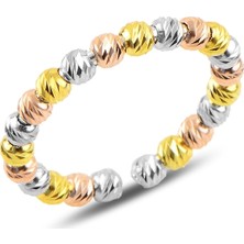 Gümüş Takı Dünyası Rodyum Kaplama 3 Renk Dorica Top Tek Sıra Gümüş Kadın Yüzük